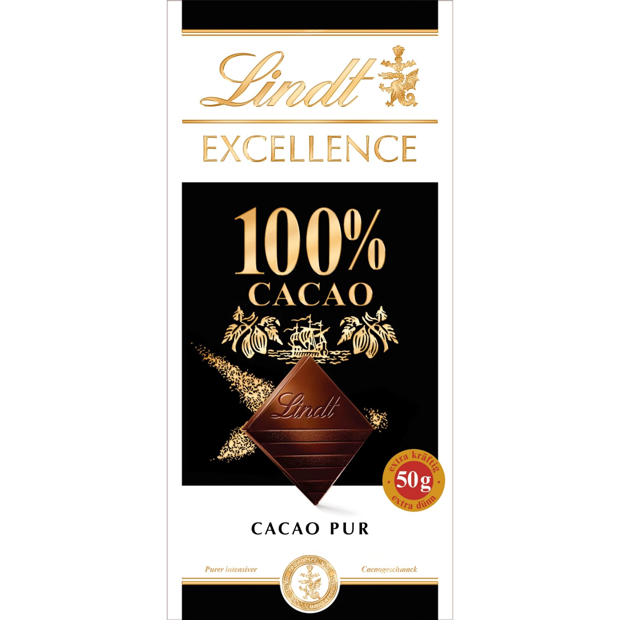 Lindt Schokolade | EXCELLENCE Tafel 100% | 50g | extra dünne Feinherbe Bitter-Schokolade mit intensivem Kakao-Geschmack | vegane Schokoladen-Tafel
