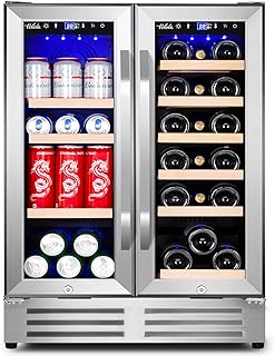 Wine and Beverage Refrigerator,Velieta 24 Inch Dual Zone Fridge with Glass Door, Built-In Cooler with Powerful and Quite Cool System/18 Bottles and 88 Cans Capacity, Stainless Steel silver (KMYL120)