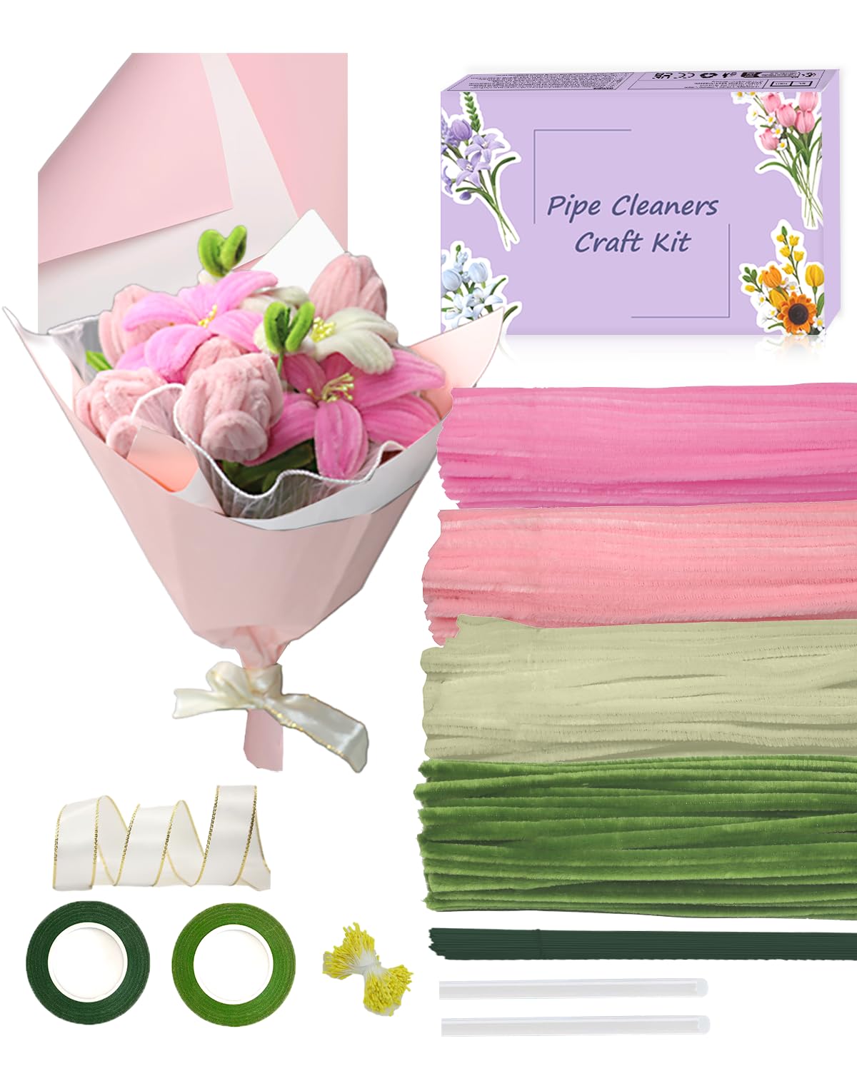 Pfeifenreiniger Blumen Set Rosa, Handgemachte Blumen für Dekoration, Kunst & Handwerk, zur DIY Blumenzusammenstellung, 4