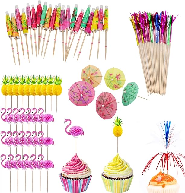 60 Pcs Colorful Cocktail Sticks, Flamingo Stirrers, Fireworks Paper Umbrella Sticks, Fruit Drinks Cocktail Party Decorations Hawaiian Birthday Christmas Party Bars Music Festival Cocktail Accessories