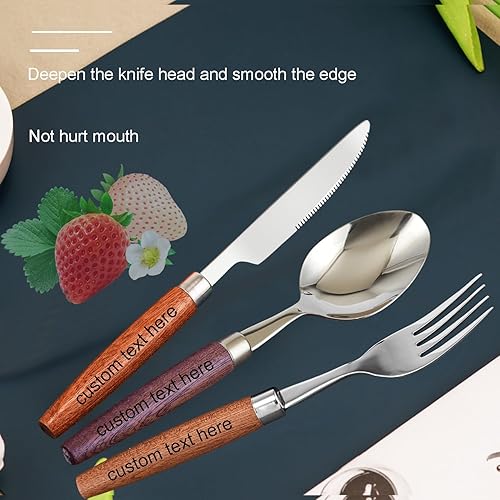 Miniatura 4 de Juego de cubiertos de acero inoxidable personalizados con cuchillo, tenedores y cuchara, tenedor de madera de construcción personalizado grabado,