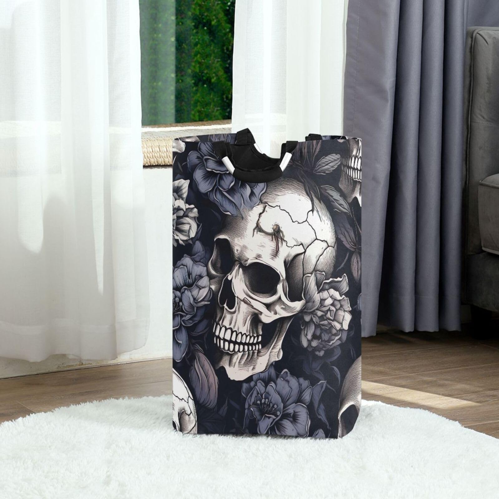 Jihqo Laundry Hamper Basket White Skull Violet Flower Collapsible Nursery Storage Bin Waterproof Clothing Baskets for Home Bedroom Bathroom Washing Room