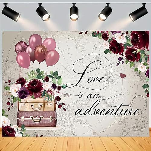Miniatura 11 de Telón de fondo de despedida de soltera de viaje para fotografía, Love Is Adventure Around The World, fondo de boda, maletas florales rojas vintage,