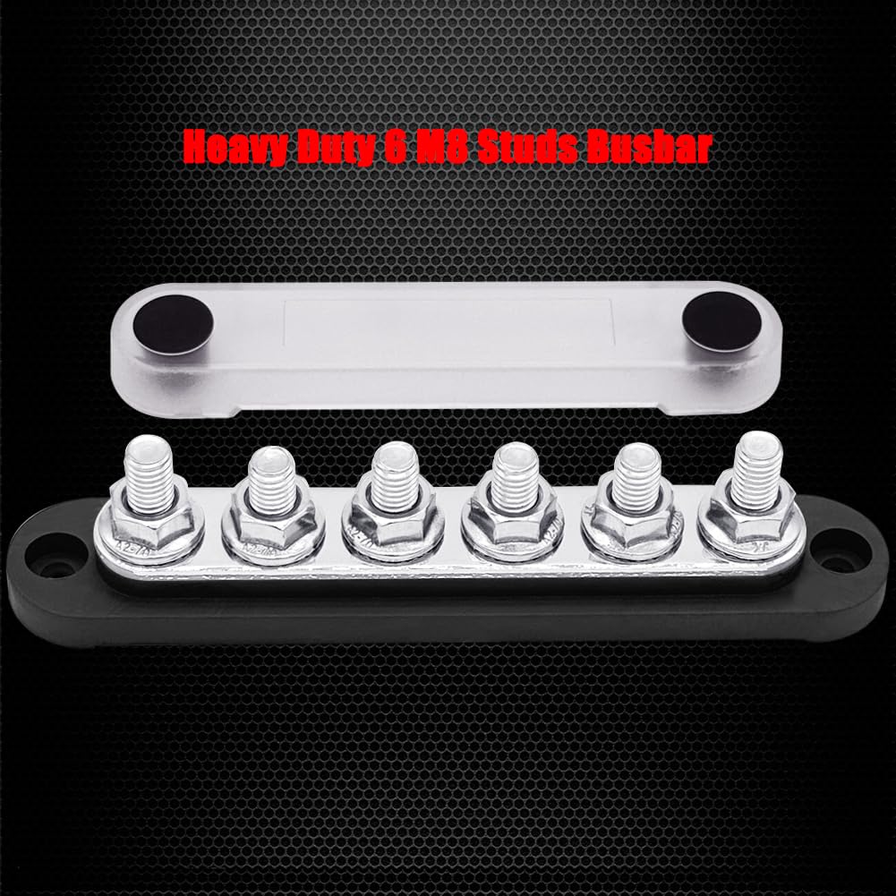 6 x 5/16" (M8) Studs Ground Distribution Block Bus Bar, Ampper 5.9" 12V 200A Battery BusBar with Cover for Auto, Boat and Solar (Black)