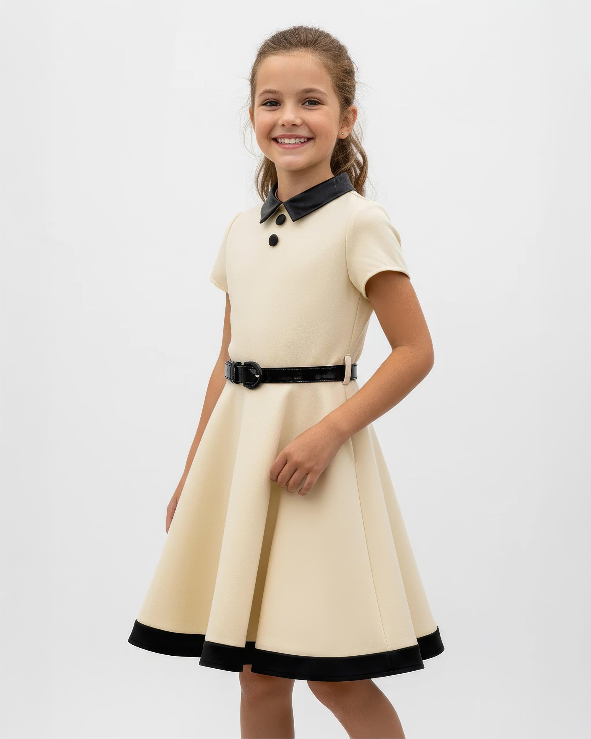 BlackButterfly Mädchen Kleid Lucy Kontrastkragen | Tellerrock, Kurze Ärmel, Kontrastsaum, Gefüttert, Reißverschluss Hinten, Glanzgürtel, Zweifarbig, 3-14 Jahre