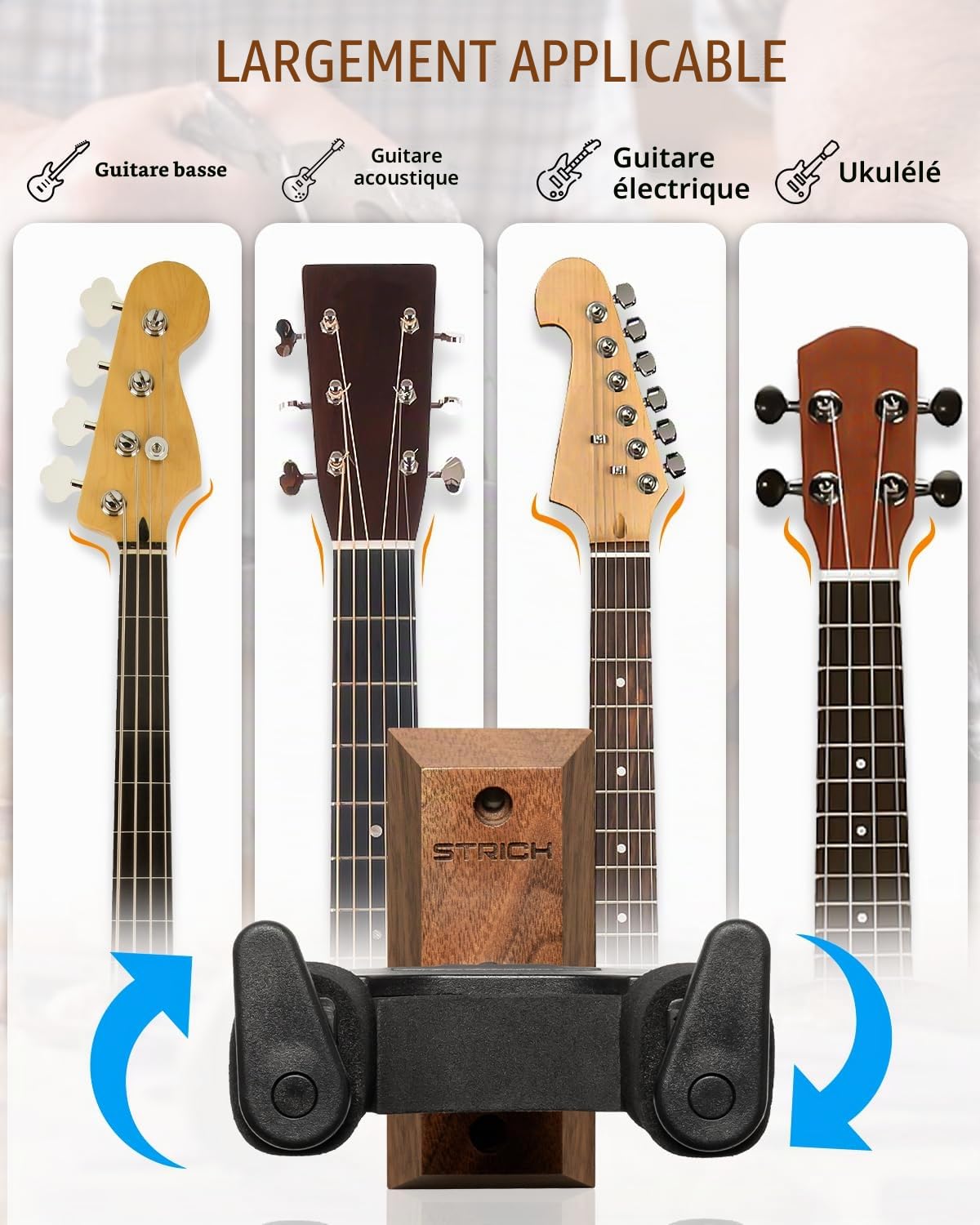 STRICH Lot de 3 supports muraux pour guitare, noyer, en forme de U avec vis, verrouillage automatique pour guitare acoustique, électrique, banjo, basse
