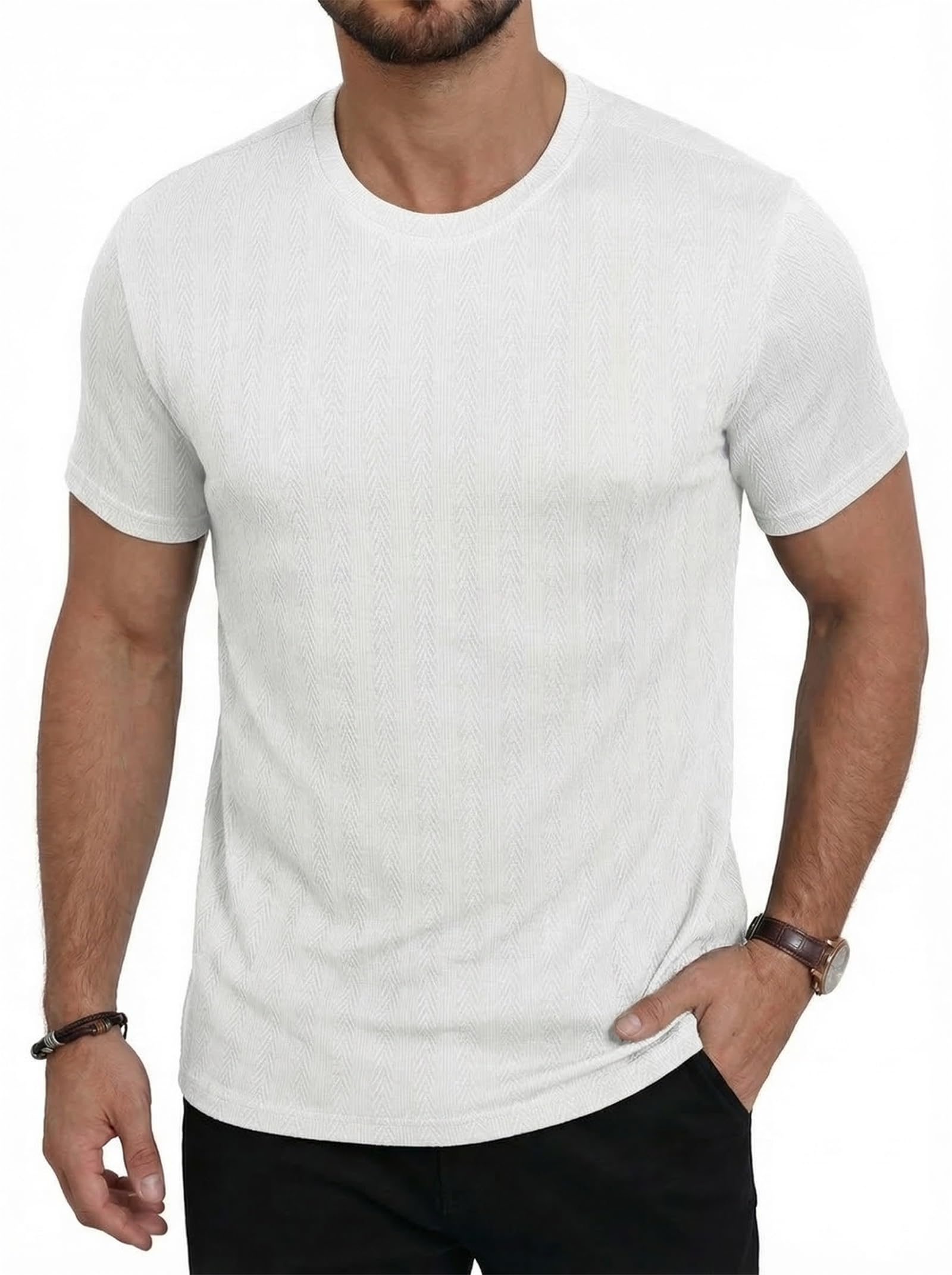 YTD Mens Short Sleeve T-Shirts Textured Crewneck Tees Lightweight Jacquard Knit Casual Shirts Summer Basic Top