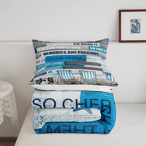 Miniatura 4 de Juego de edredón de verano y playa, tamaño Queen, juego de ropa de cama de tortuga marina y escena costera, edredón rústico de decoración de granja,