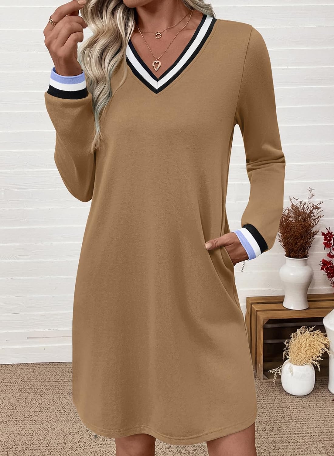 EVALESS Womens Dresses 2026 Spring Fall V Neck Long Sleeve Casual Tshirt Dress Contrast Striped Sweatshirt Dress - Image 2