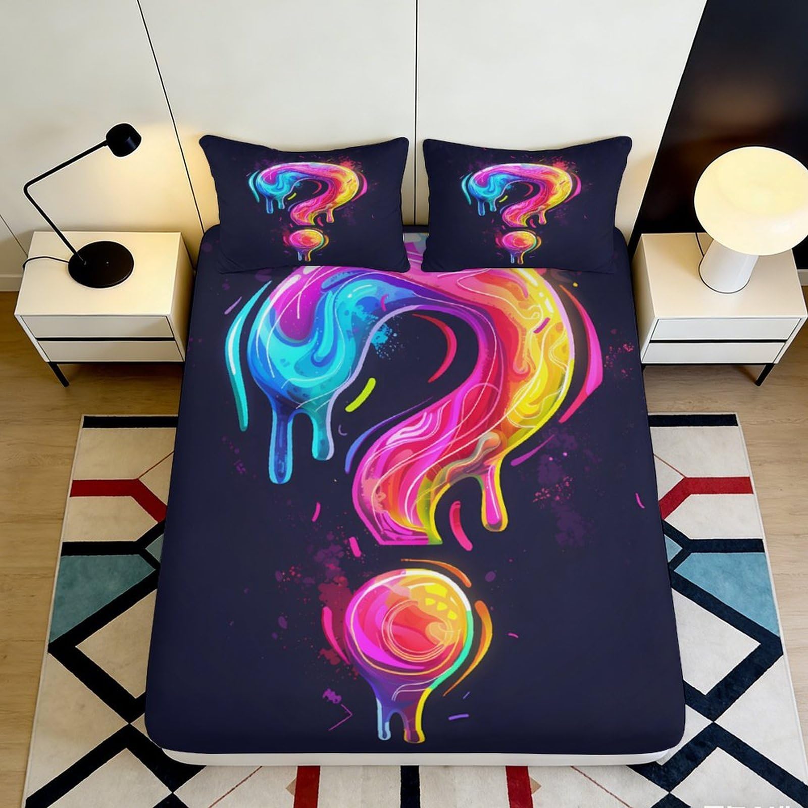 3D Printed Colorful Question Mark Fitted Sheet Microfiber Deep Pocket Non-Slip Bedroom Colorful Question Mattress Fitted Cover 90x200x25cm 90x200x25cm