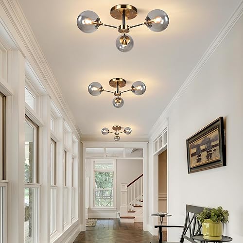 Miniatura 7 de KCO Lighting - Lámpara de techo moderna de 3 luces con globo de cristal empotrado de mediados de siglo, negro mate y dorado, lámpara de araña