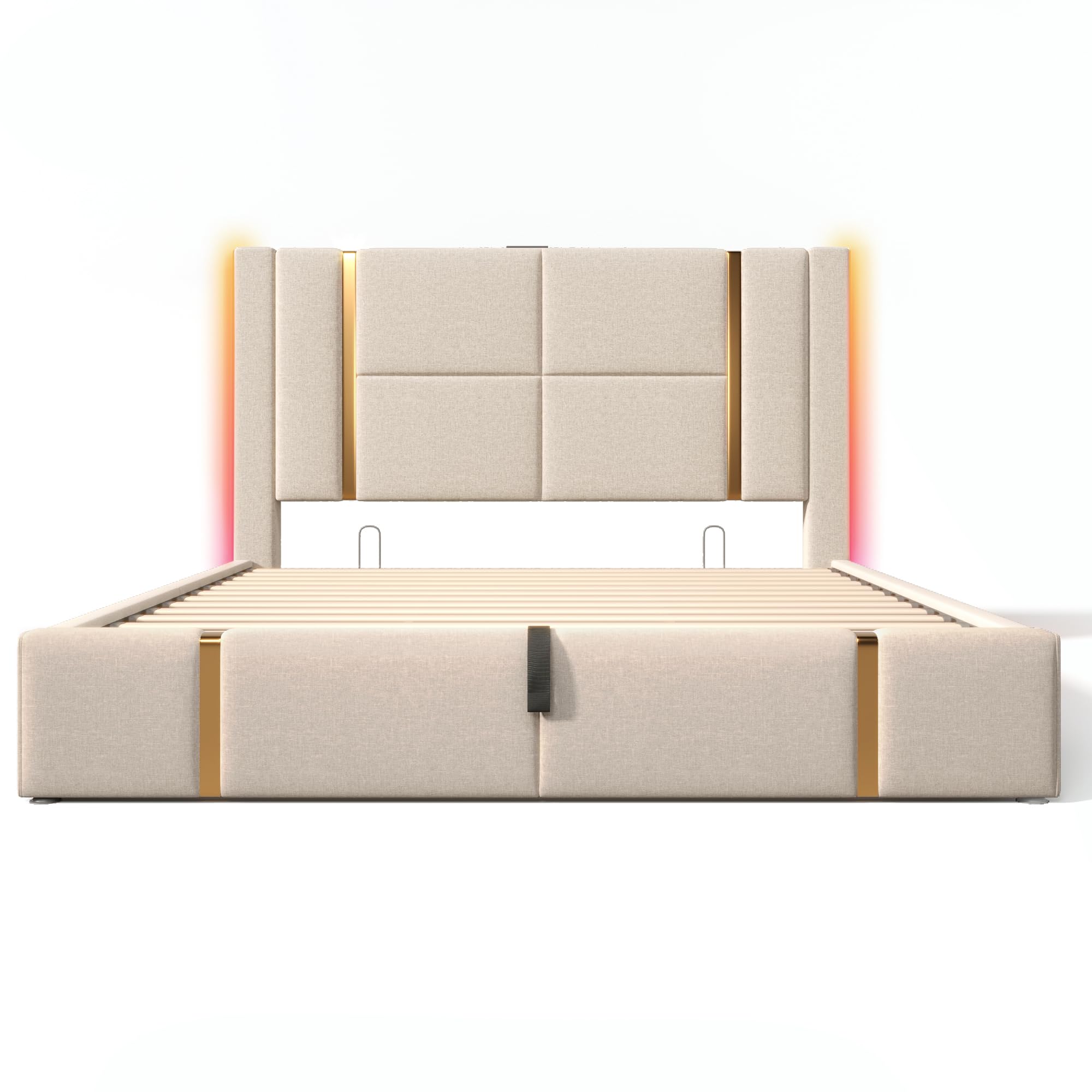 Moimhear Letto imbottito, letto matrimoniale, funzione di ricarica USB di tipo C, controllo APP, rete a doghe in legno, letto per ragazzi, letto per adulti, materiale di lino beige (materasso non