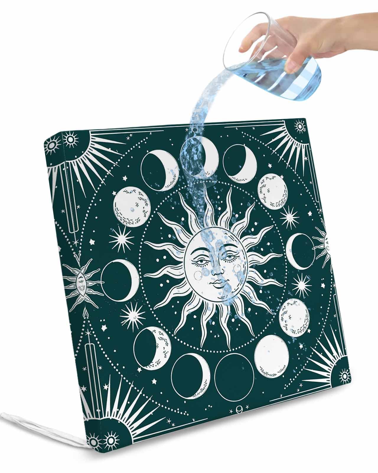 2 Pack Green Boho Waterproof Cushion Covers with Ties, Outdoor Patio Chaise Lounge Chair Seat Cushion Slip Covers Replacement(Only Cover) Modern Abstract Bohemia Sun Moon 22