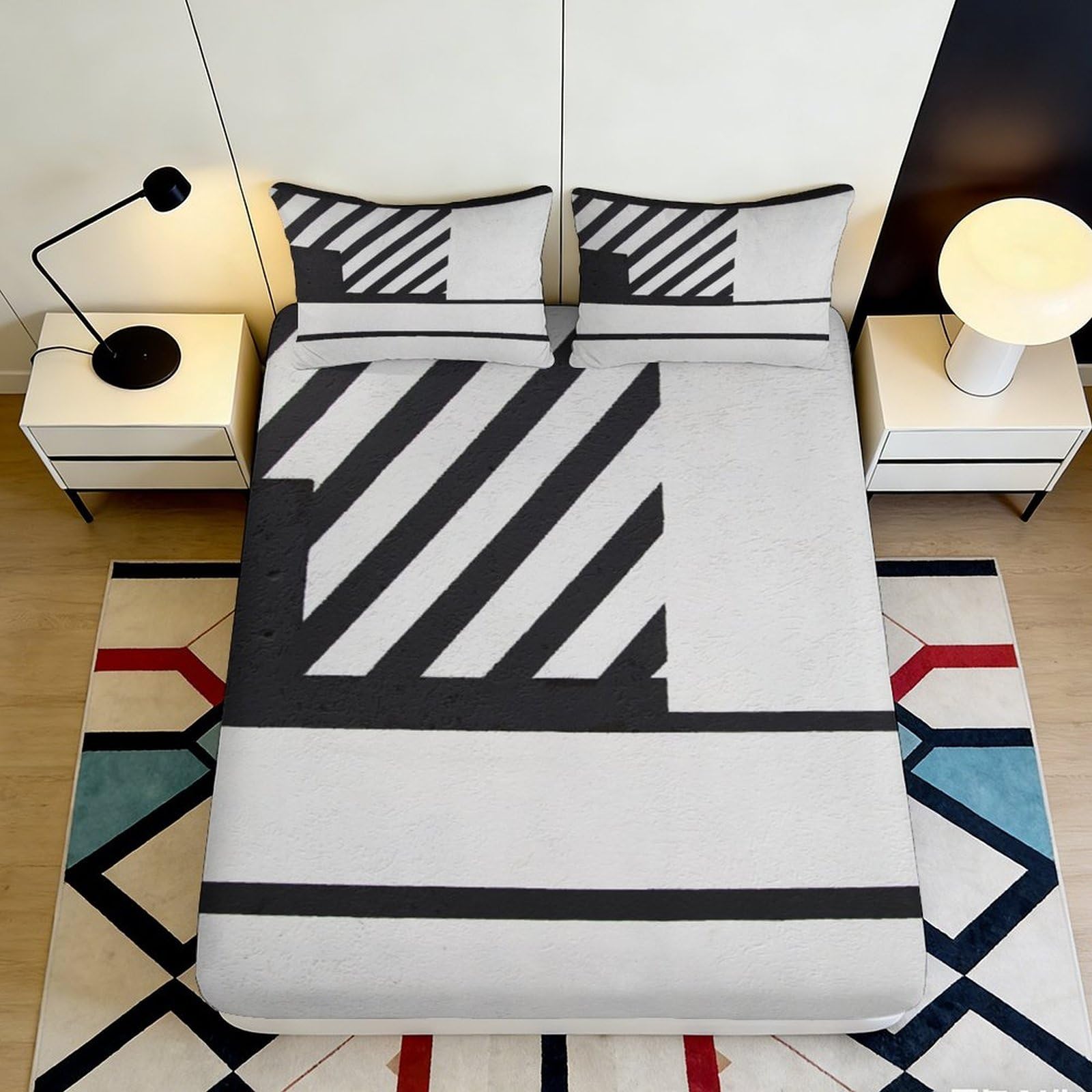 3D Printed Geometric Stripe Fitted Sheet Microfiber Soft Breathable Abstract Mattress Cover for Bedroom Dorm Decor 90x200x25cm