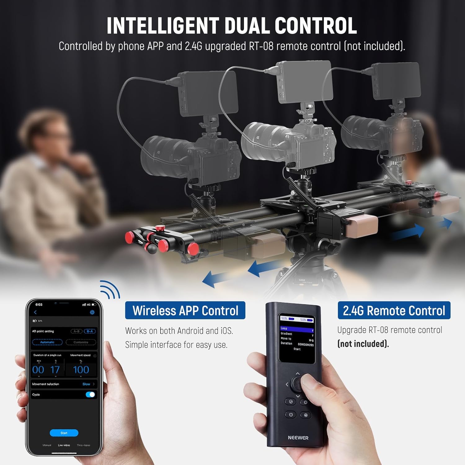 NEEWER 31.5"/80cm Motorized Camera Slider, App Wireless Control DSLR Carbon Fiber Dolly Rail Slider with 4400mAh F750 Battery (Charger Not Included), Support Video Mode, Time Lapse Photography, ER1-80