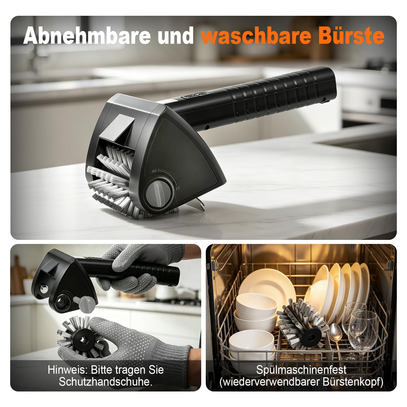Elektrische Grillbürste Kabellos 4000mAh Akku 304 Edelstahl für Grillrost | Reinigungsbürste mit 2-Stufen Reinigung, 90 Min Laufzeit, LED-Licht, Wasserdicht und BBQ-Grillbürste für Männer