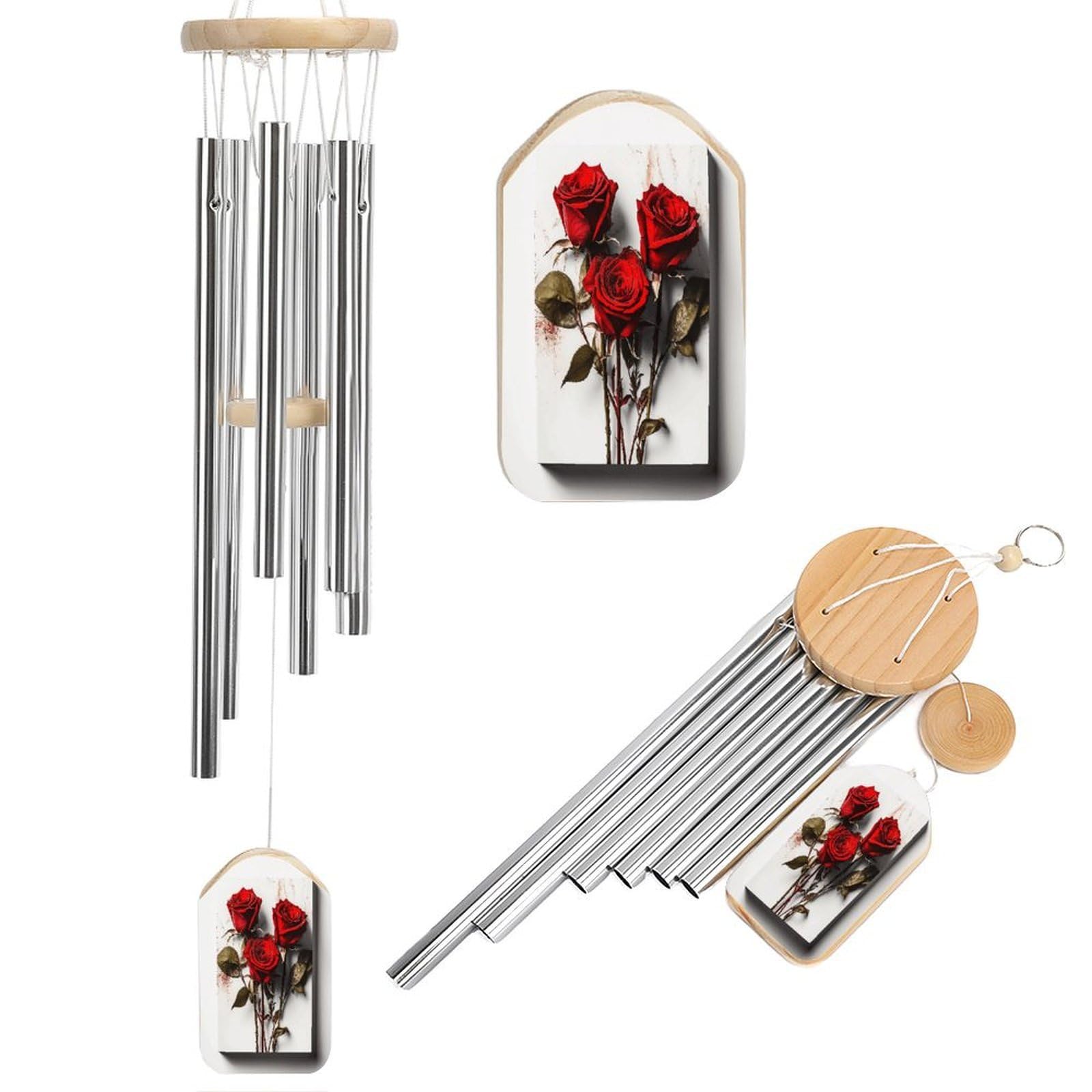 Btcowzrv Style Hand Drawn Rose Wind Chimes For Outside, Hanging Windchimes With 6 Aluminum Tubes, Memorial Wind Chime For Patio Backyard Garden And Outdoor Decor