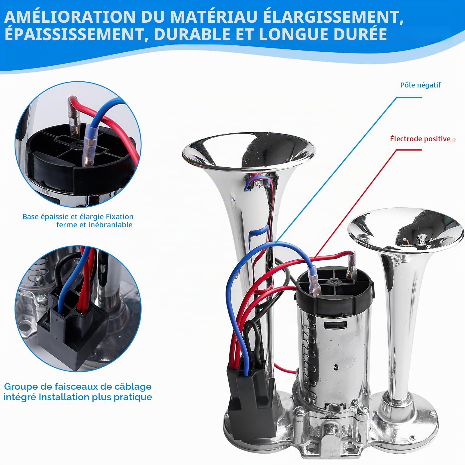 LWK Klaxon 12 V - Klaxon à air puissant - Super fort - Avec compresseur - Double tube - Kit de klaxon pour tous les véhicules 12 V - Camion, train, voiture, bateau, moto, van
