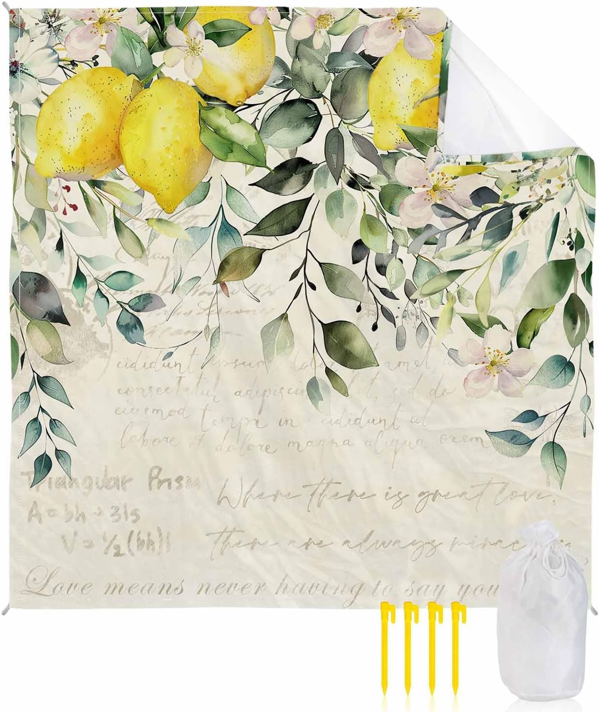 Watercolor Lemon Flower Leaves Beach Blanket Waterproof Sandproof Outdoor Picnic Mat 83"x79" Botanical Leaf on Retro Letter Lightweight Large Beach Blankets with 4 Stake & 4 Corner Pockets