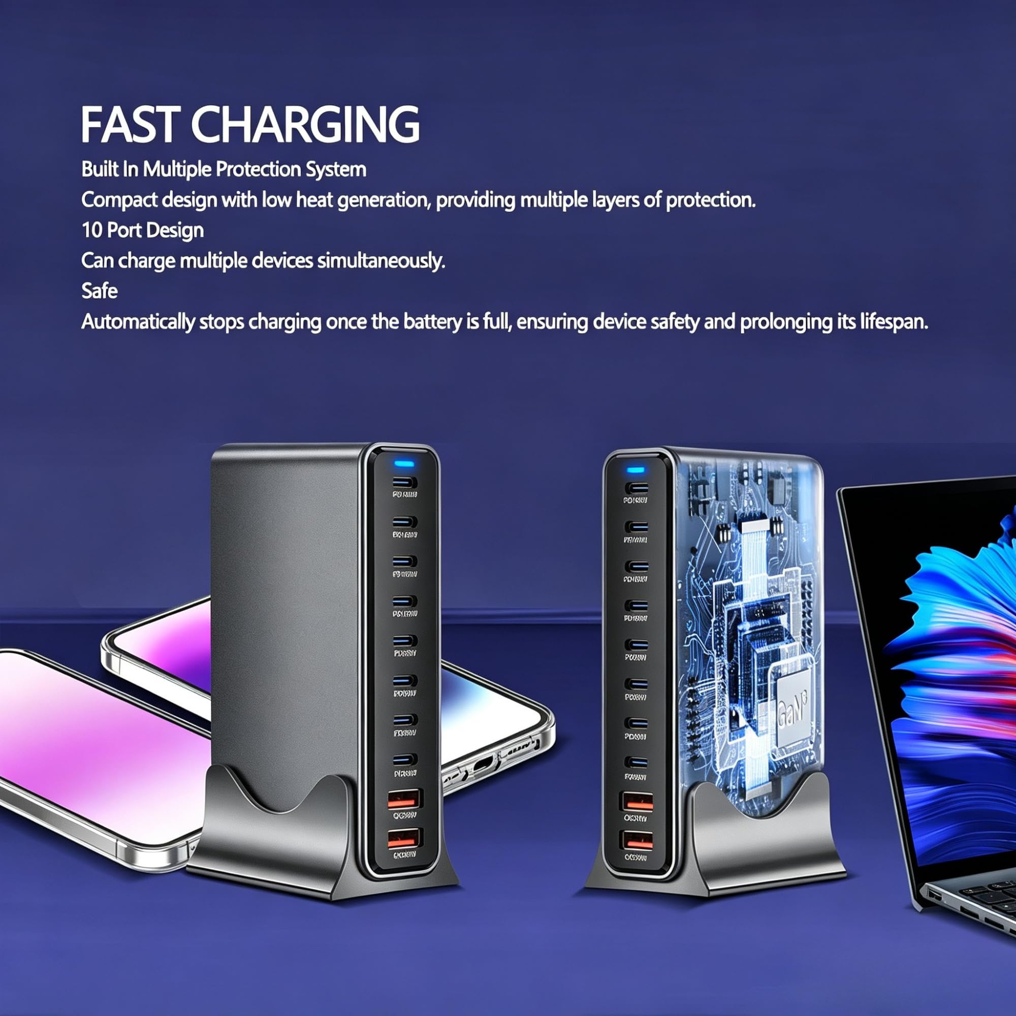 880W USB C ładowarka GaN III Pro 10-portowa ładowarka USB, 140Wx4 100Wx2 PD szybka ładowarka kompatybilna z/komputerem stacjonarnym/laptopami/telefonem (wtyczka europejska)