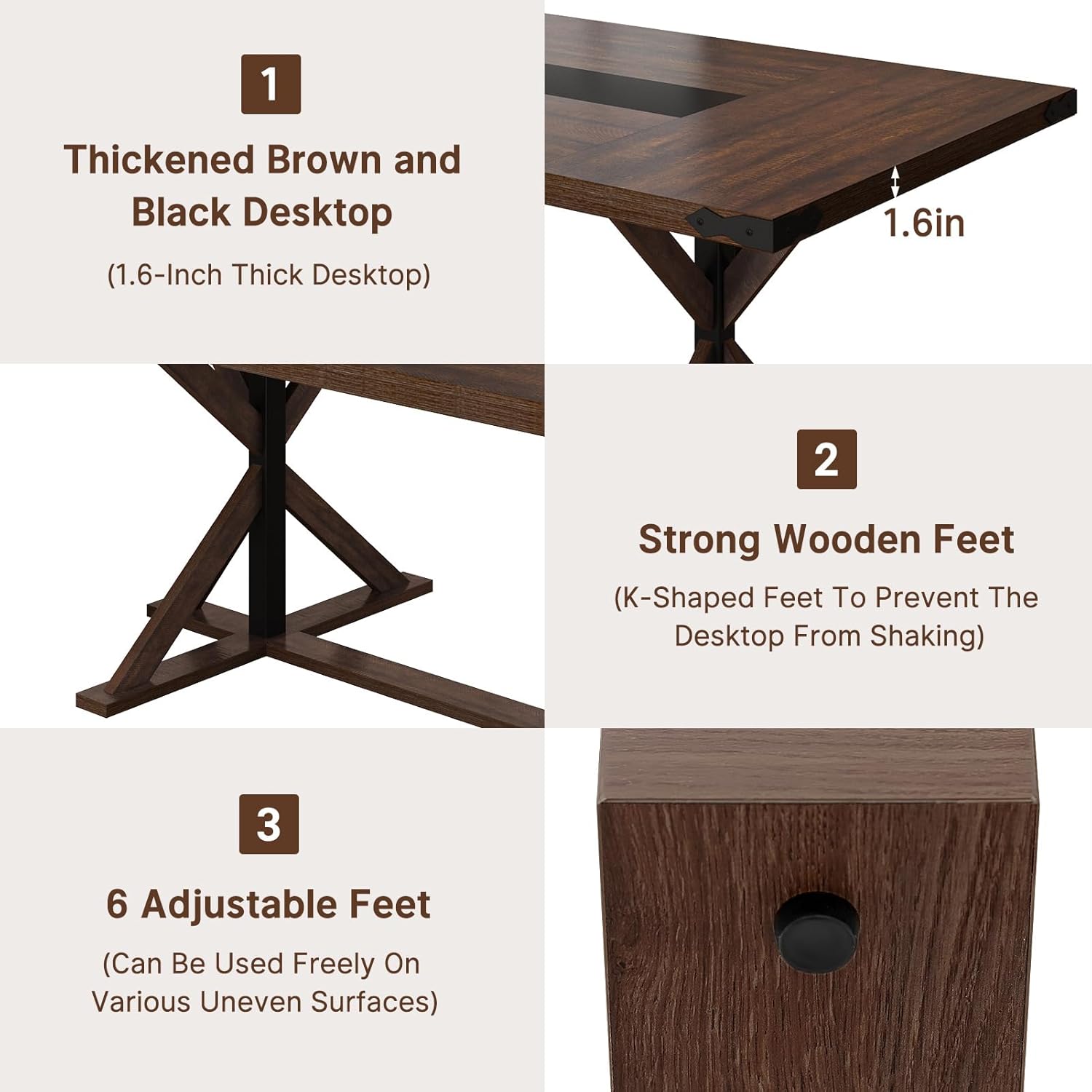 Close-up of table components including thickened desktop, strong wooden feet, and adjustable feet