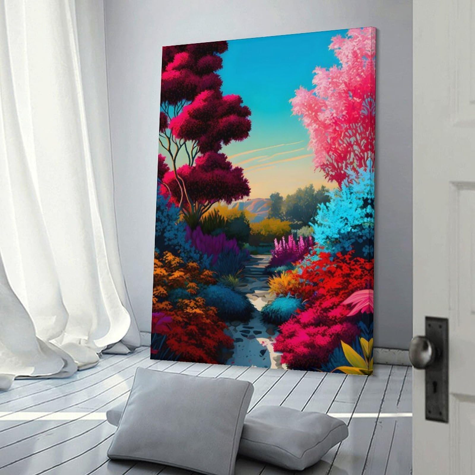 Junmoney Frame-Style-11 Decorative Wall Artwork Colorful Fantasy Garden Path, 12X18inch(30X45cm), For New Homes, Bedrooms Or Workspaces, Canvas Artwork With Gifting Potential