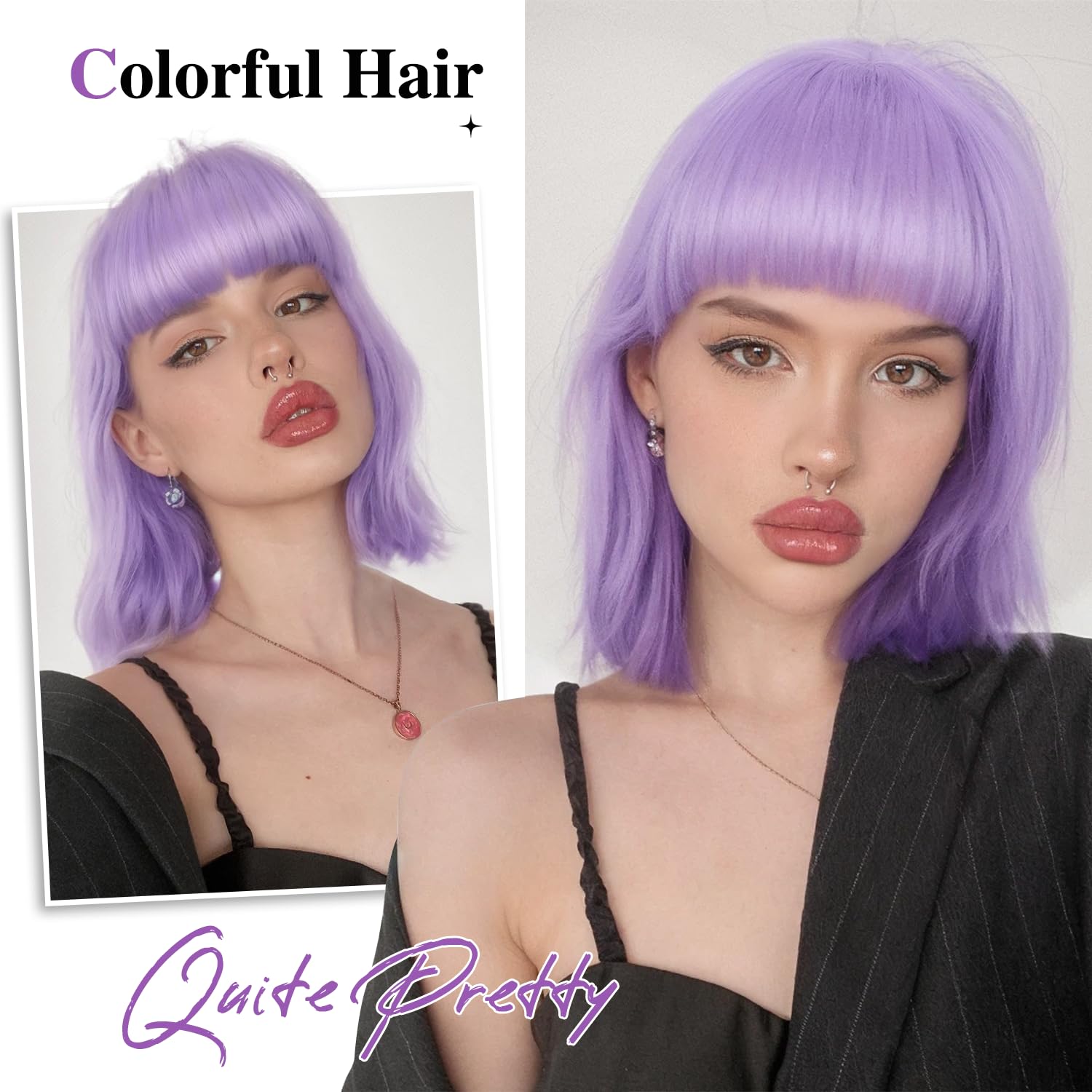 ? Women Purple Short Bob Wigs Straight Bangs Lavender Synthetic Colorful Hair Amazon.com: quickwig Short Bob Wig with Bangs Purple Wigs  main image 3