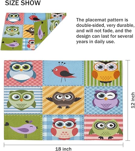 Miniatura 4 de Juego de 4 manteles individuales con temática de búhos, lavables, impermeables, para fiestas, hogar, comedor, decoración de mesa de 18 x 12 pulgadas