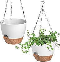 Vanslogreen 2 Pack Self-Watering Hanging Planters 8 Inch White Pots with Drainage Holes & Removable Tray for Indoor Outdoor Plants