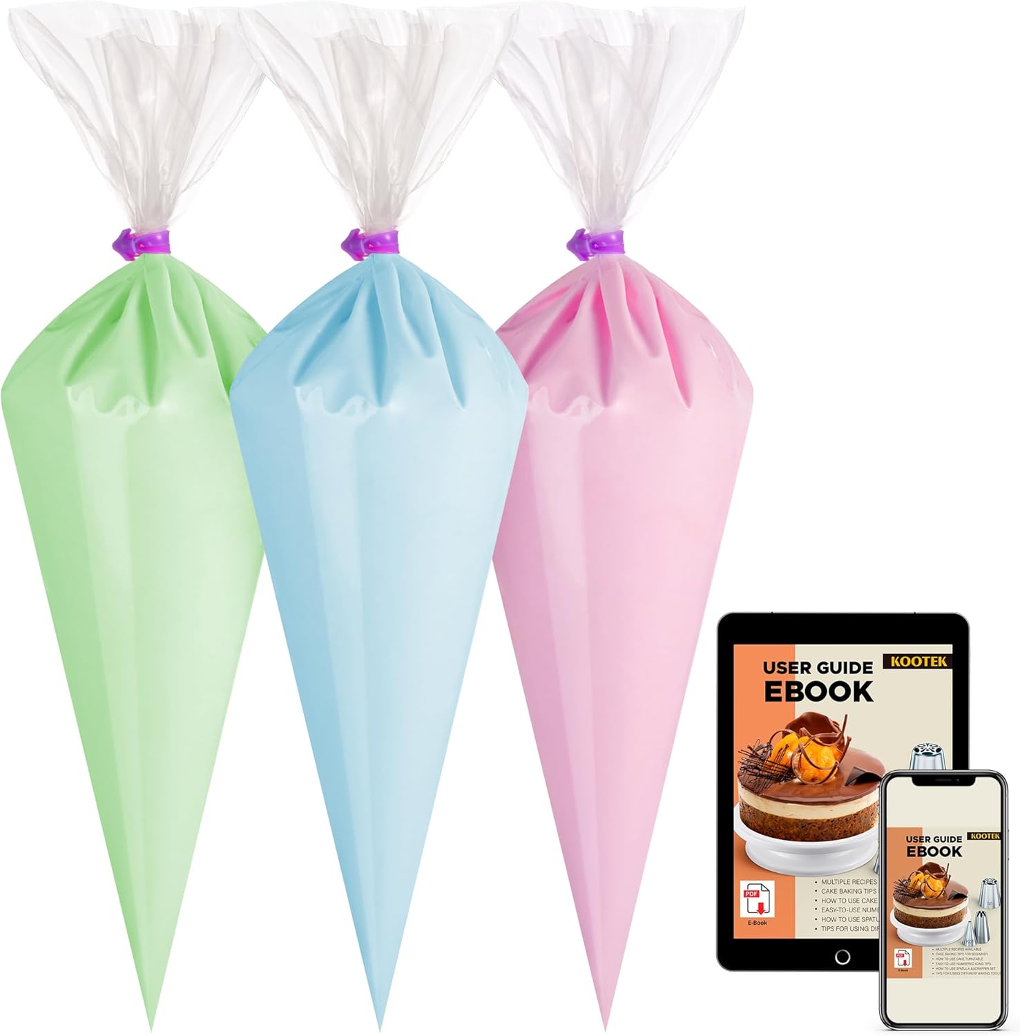 Kootek 絞り袋 L 100パック 16インチ 極厚 - 使い捨てアイシング・デコレーション用バッグ 全サイズのチップキットとカ