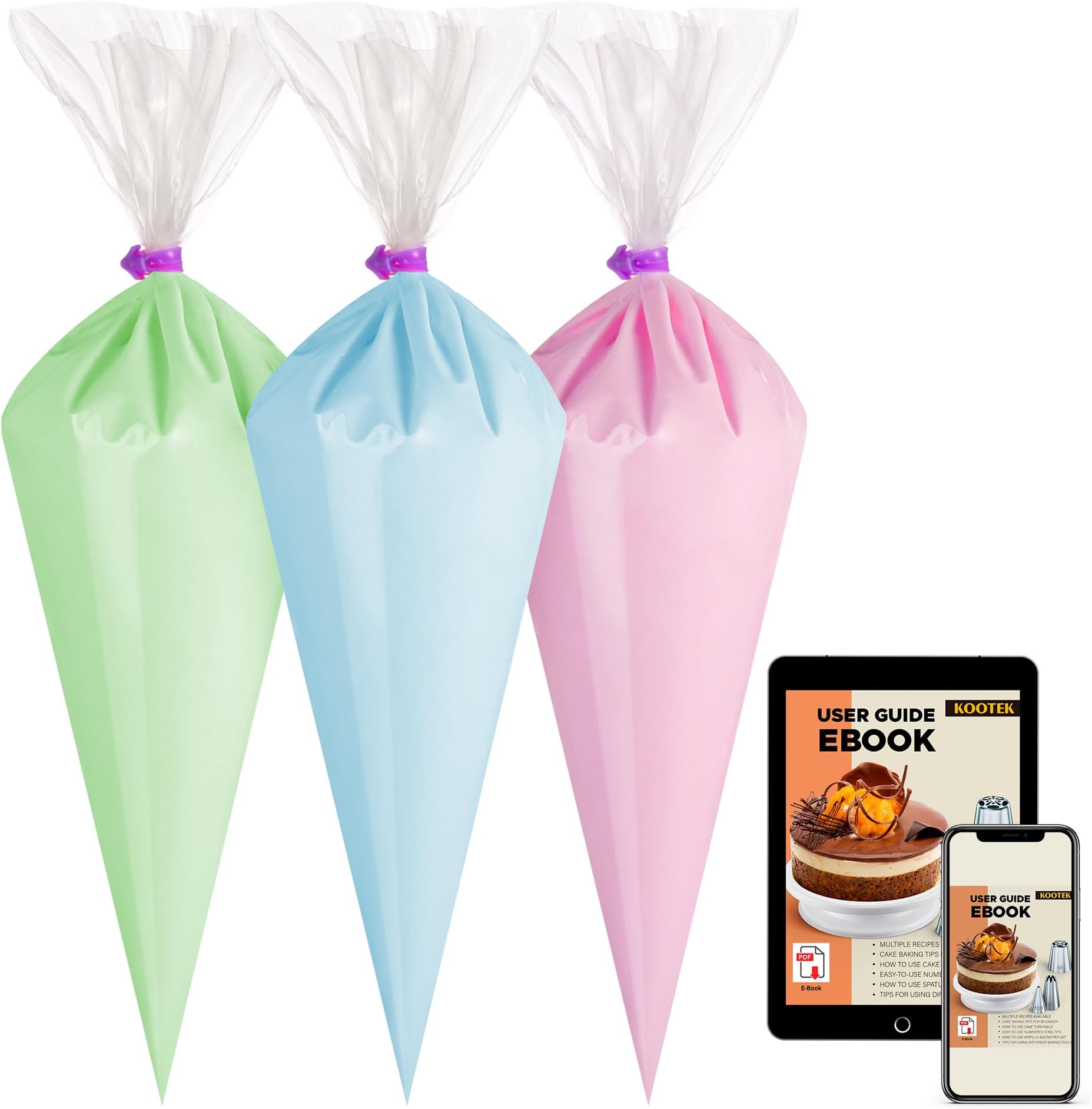 Kootek Piping Bags, Disposable Pastry Bags 16 Inch, 100 Pcs Anti Burst Large Icing Piping Bags for Cookie Frosting Cake Decorating Baking Supplies