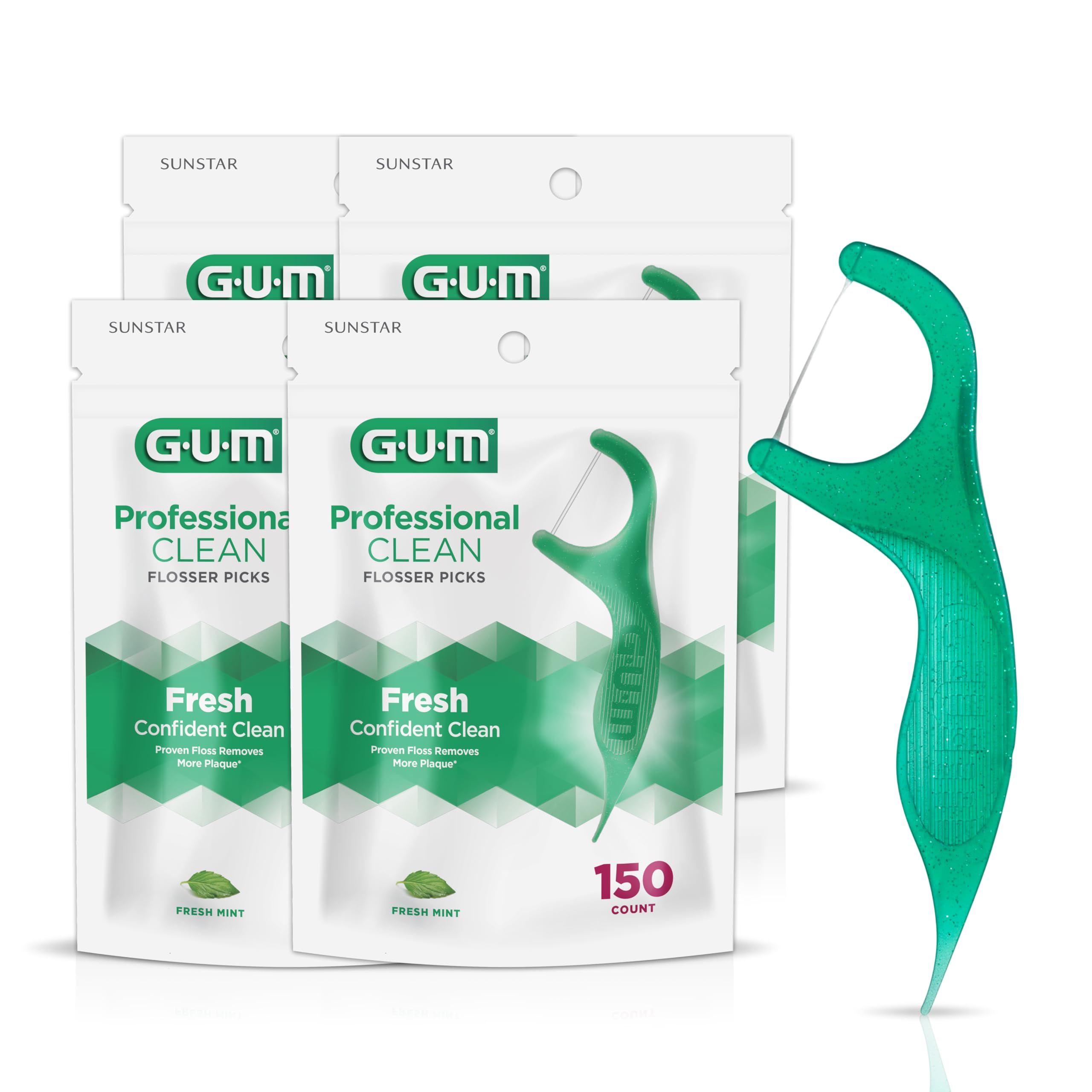GUMProfessional Clean Floss Picks - Extra Strong Shred-Resistant Floss, Easy Grip Handle - Dental Flossers for Adults - Fresh Mint Flavor, 150ct (4pk)