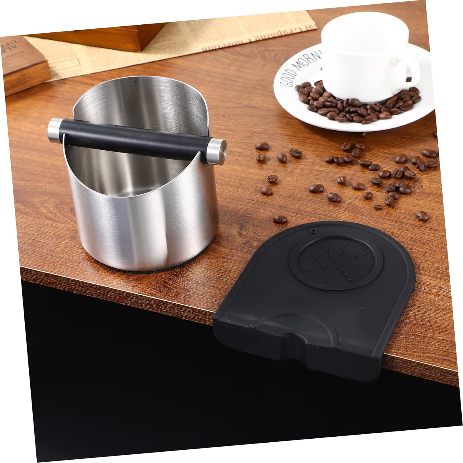 Stainless Steel Coffee Grounds Bin Removable Knock Bar Non-slip Pad Storage Container for Grinder Coffee