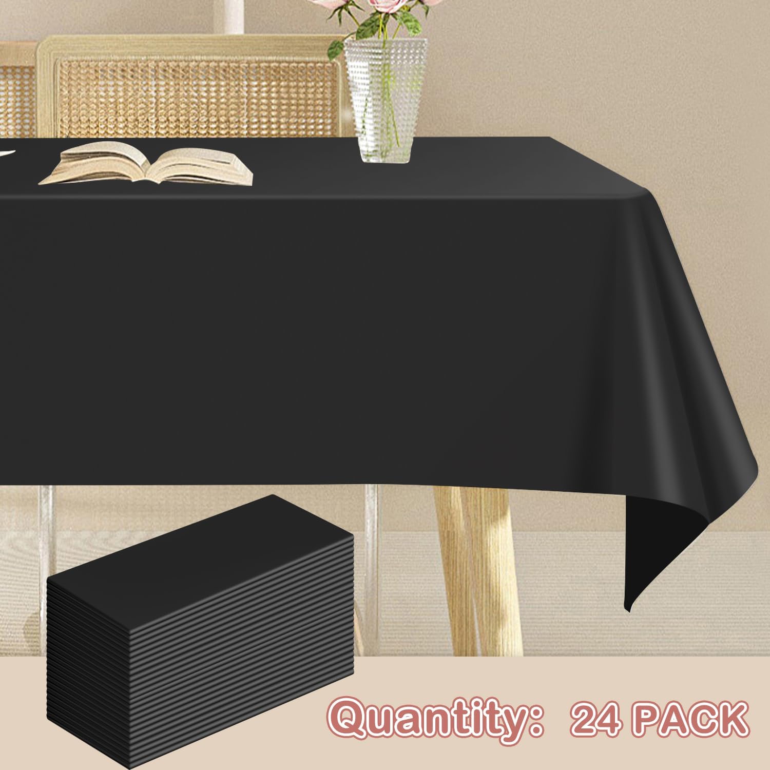Black 24 Pack Plastic Tablecloth 54 x 108 Inch Rectangle Disposable Table Cloth for Parties Plastic Table Cover Disposable Tablecloths - Image 5