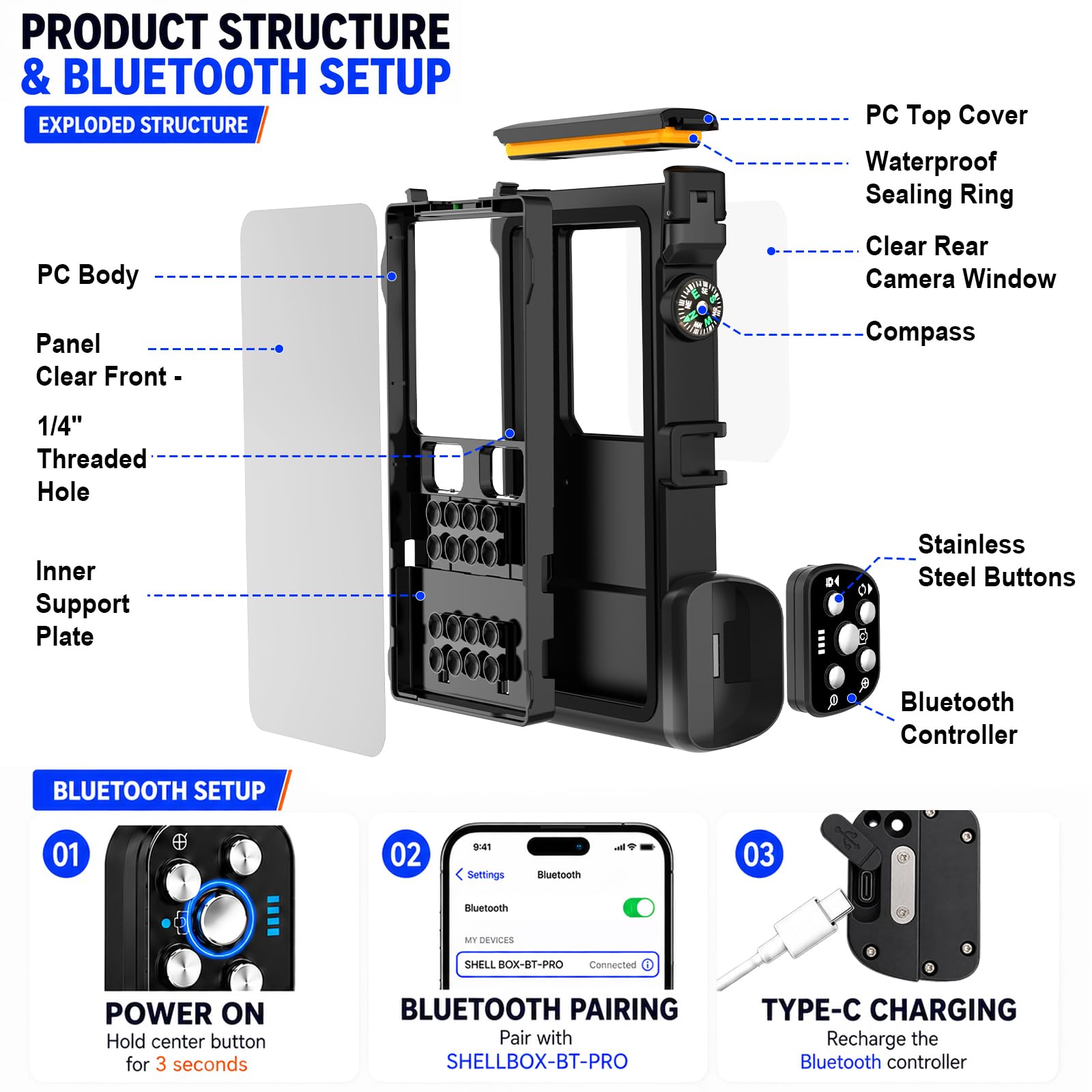 Funda impermeable para esnórquel, carcasa subacuática de 15 m con disparador remoto Bluetooth, funda de buceo para iPhone 17, 16, 15, 14, Samsung Galaxy S26 S25, se adapta hasta 7.3 pulgadas (negro)
