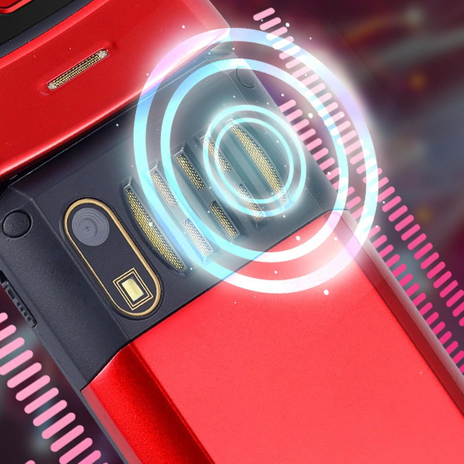 Back of a red flip phone showing the camera and speaker grill with a blue circular glow, indicating sound or signal.