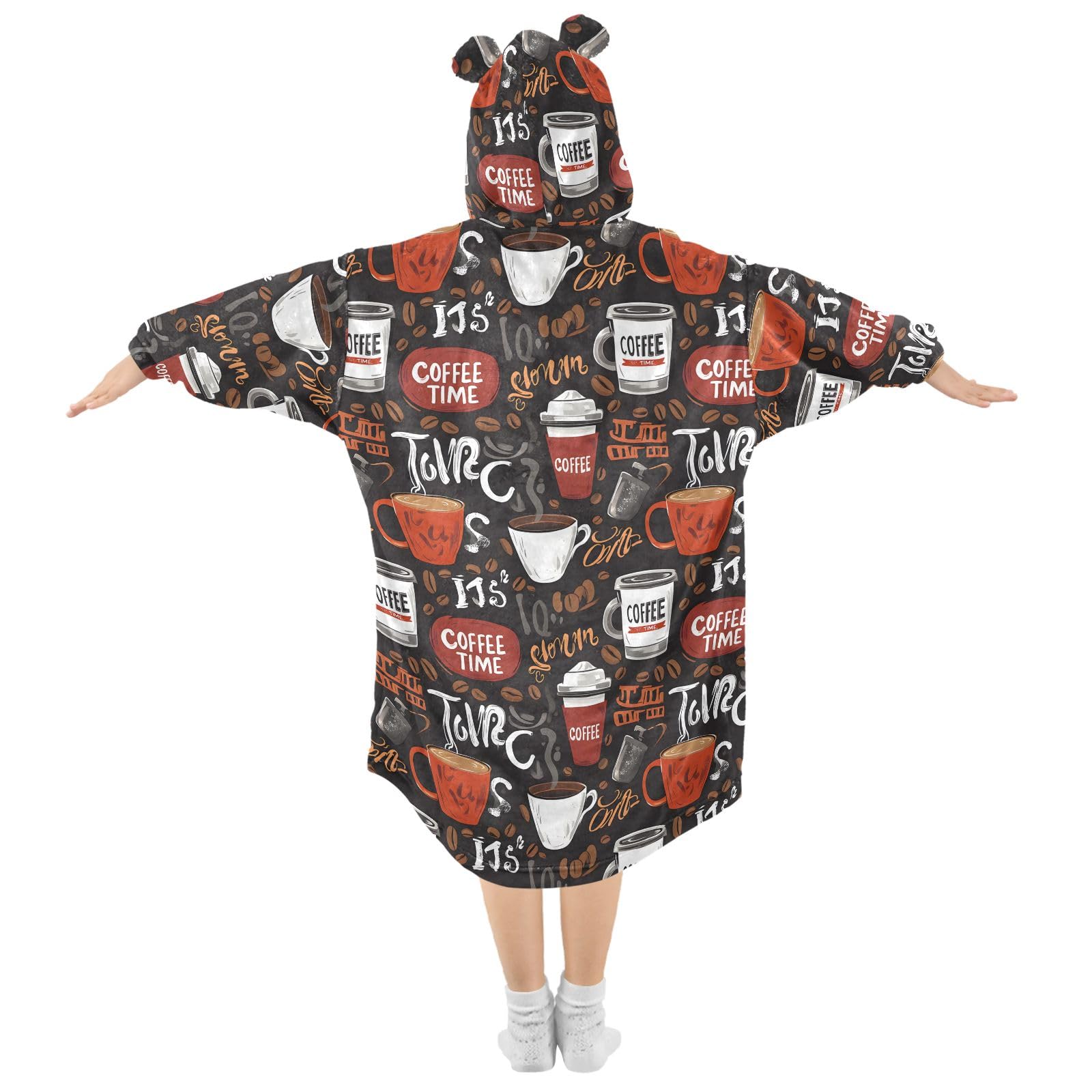 Coffee Time - Manta con capucha para niños, bata de franela suave con orejas y bolsillos, ropa de dormir cálida para niños y niñas