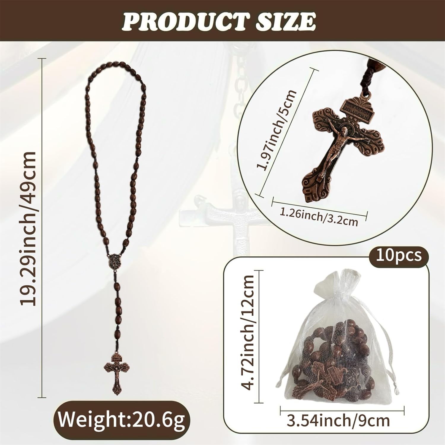 BONITTER 3PCS/10PCS/25PCS Baptism Favor Saint Michael Archange Pocket Rosary with Organza Bags, Handmade Wooden Beads Cross Necklace, Catholic Christian Prayer Gift
