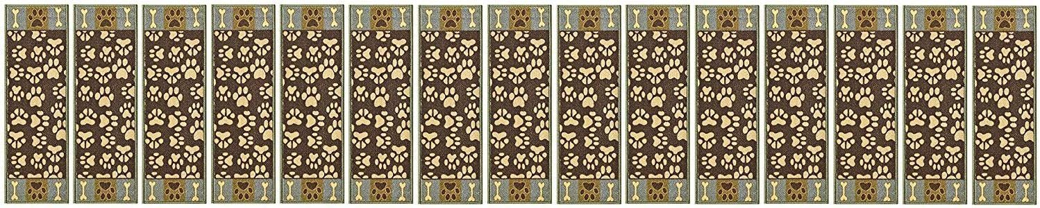 Stair Treads for Wooden Steps Indoor 8.5” x 26” Slip Resistant Machine Washable Staircase Carpet Mat, Safe for Elders, Kids and Pets Pet Paw Design Brown Teal Color, Set of 15