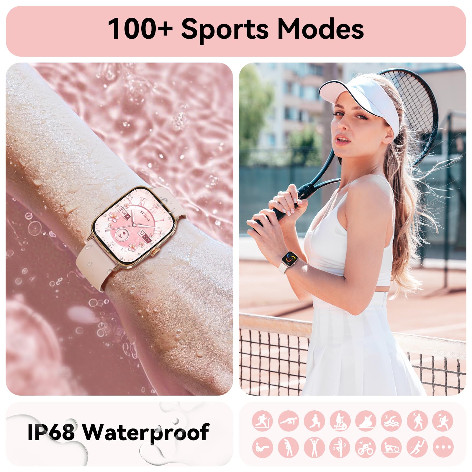 Tensky Smart Watch for Women/Men Android & iPhone, 1.85" Touch Screen Fitness Tracker with Answer/Make Call, IP68 Waterproof 24/7 Health/Sleep Monitor, Pedometer, 100+ Sport Modes (2 Bands)