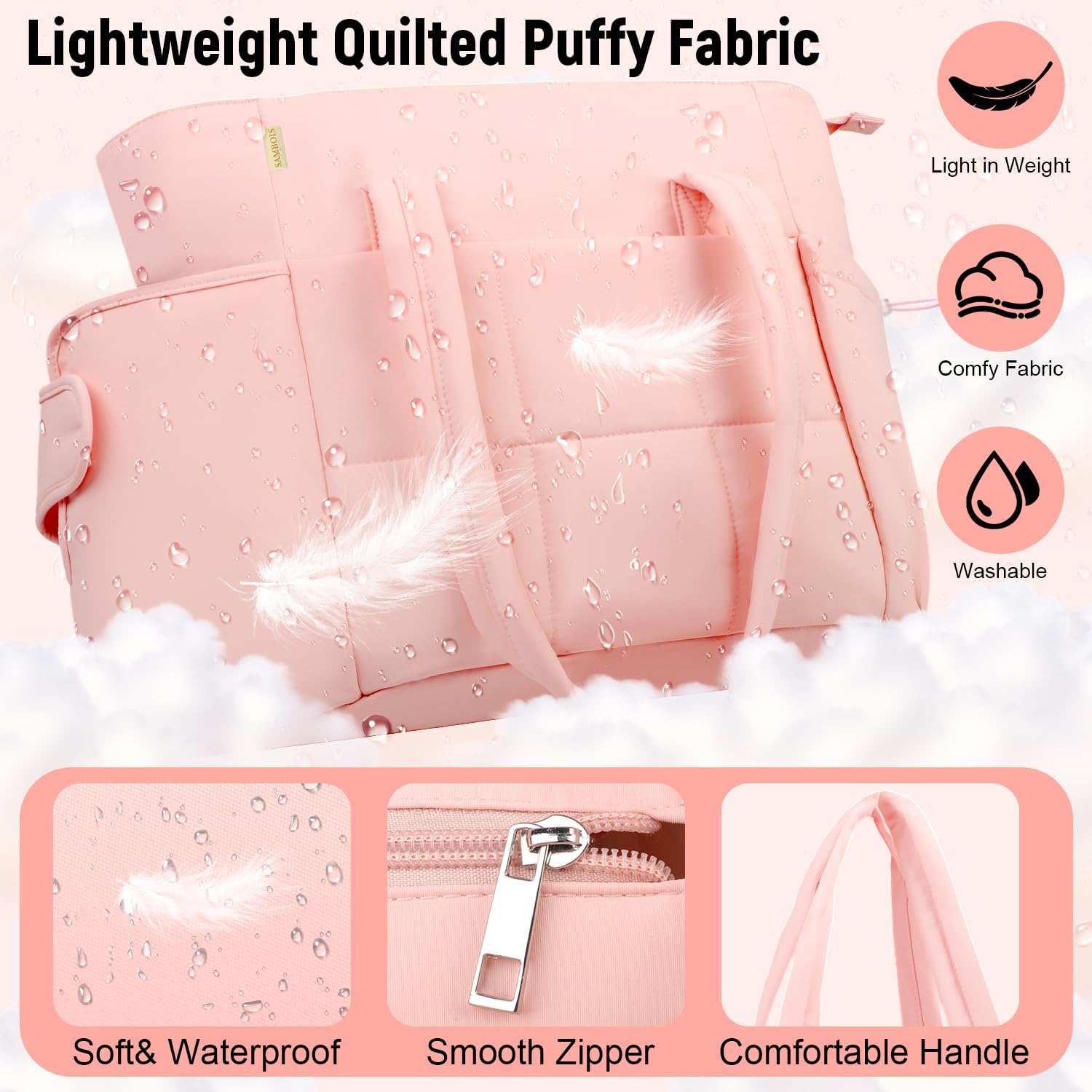 Puffer Tote Bag with Large Cup Holder& 15.6 Inch Laptop Compartment, Lightweight Puffy Work Bag with Water Bottle Pocket, Large Laptop Tote with Clutch Purse for Women Teacher Nurse (Pink) - Image 4