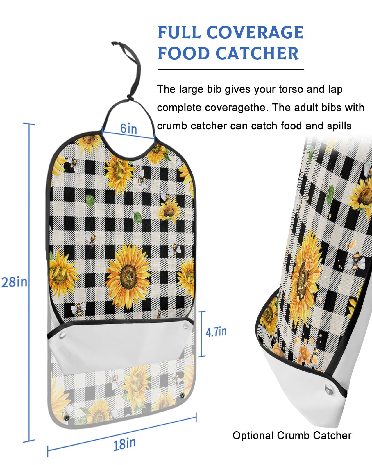 Adult Bibs for Elderly Women - Farmhouse Sunflower Waterproof Dining Clothing Protectors with Crumb Catcher for Eating/Feeding, Floral Bee Black Buffalo Plaid Terry Cloth Bib Machine Washable