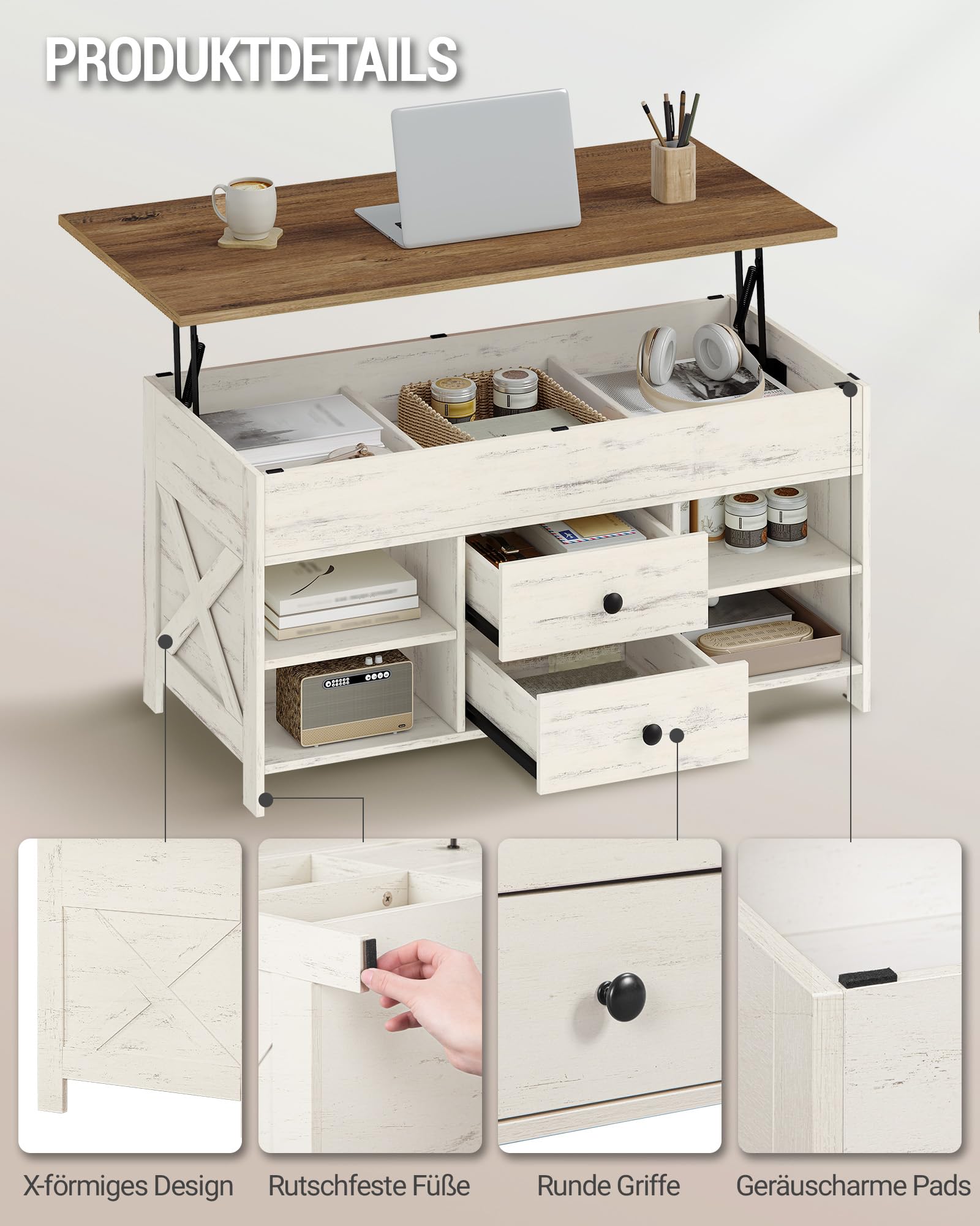 Hzuaneri Couchtisch, höhenverstellbarer, 50 x 100 x 47-61 cm, Weiß-Braun | Wohnzimmertisch, Sofatisch, 2 Schubladen und Versteckter Stauraum, für Wohnzimmer, Esszimmer, Büro, CT22114B