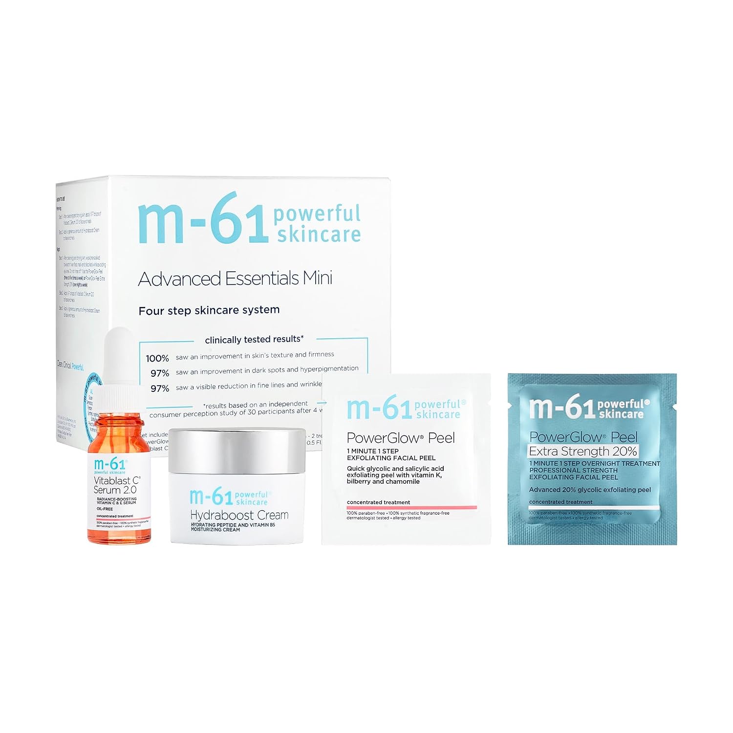 m-61 Advanced Essentials Mini Set | Four-step skincare routine with bestselling peels, vitamin C serum, and daily moisturizer.