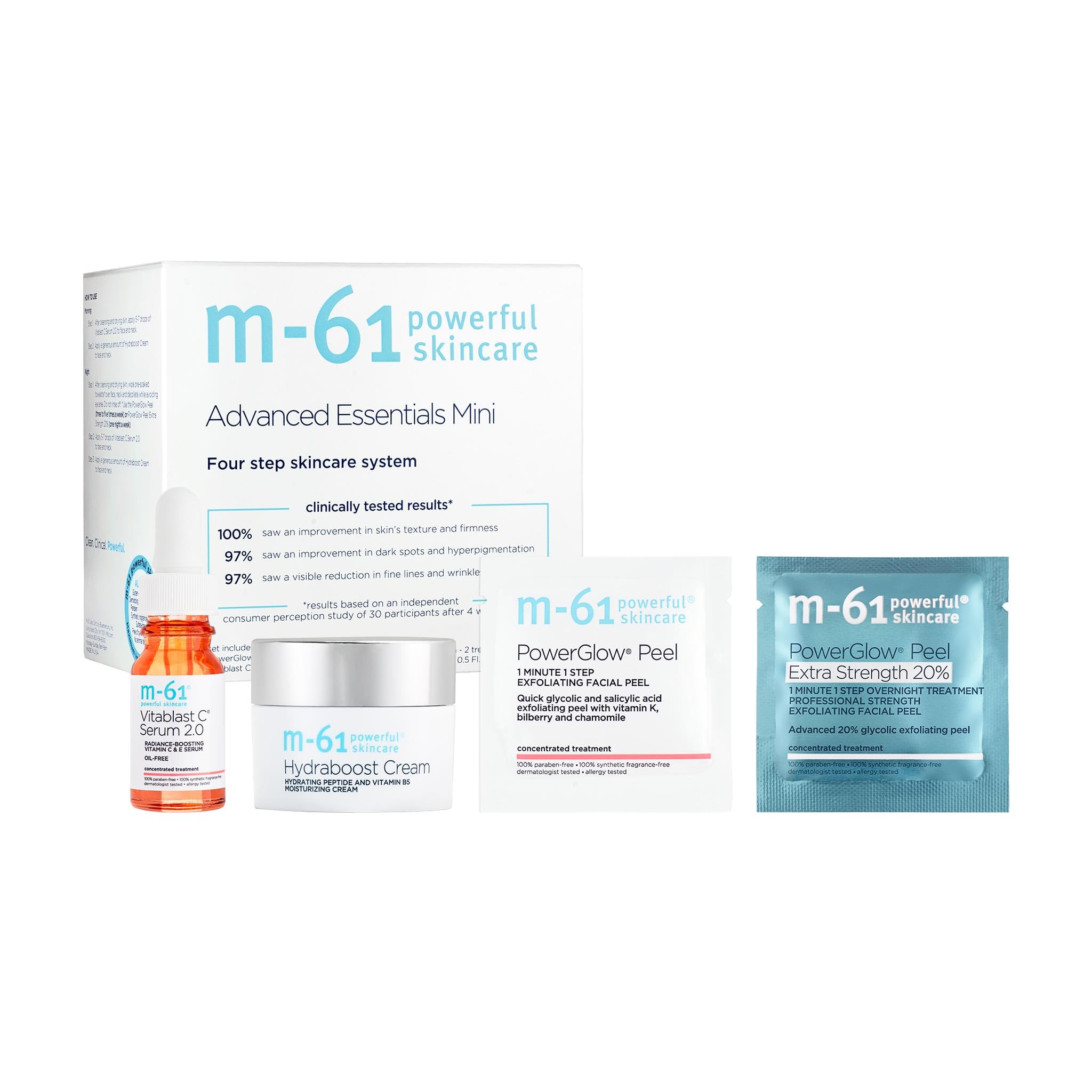 m-61 Advanced Essentials Mini Set | Four-step skincare routine with bestselling peels, vitamin C serum, and daily moisturizer.