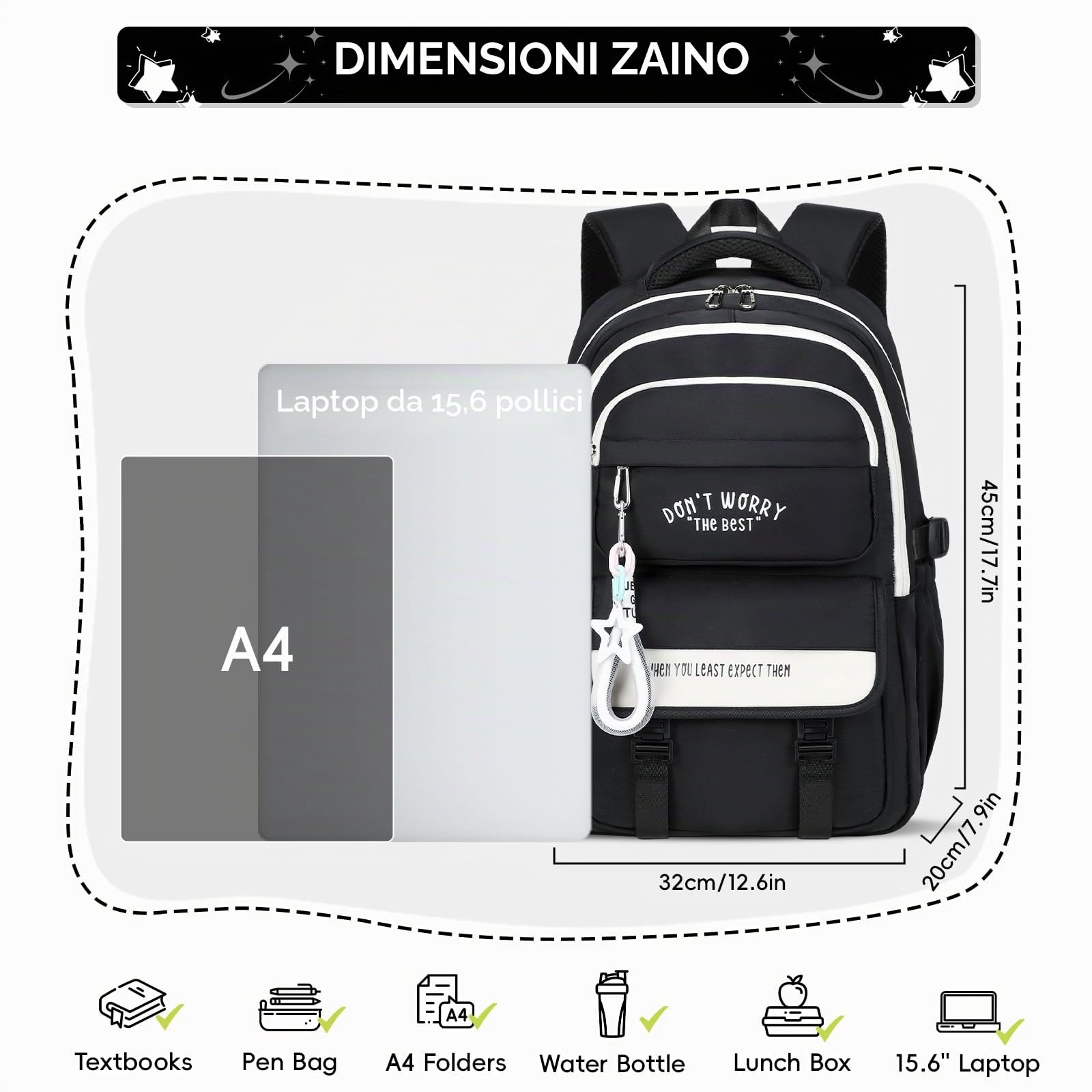Tanou Zaino Ragazza Scuola Media e Superiore | Zaini Grande in Nylon per Ragazze Adolescenti, Zaino Casual Impermeabile per la Scuola Viaggio con Tasca Porta Pc, Nero