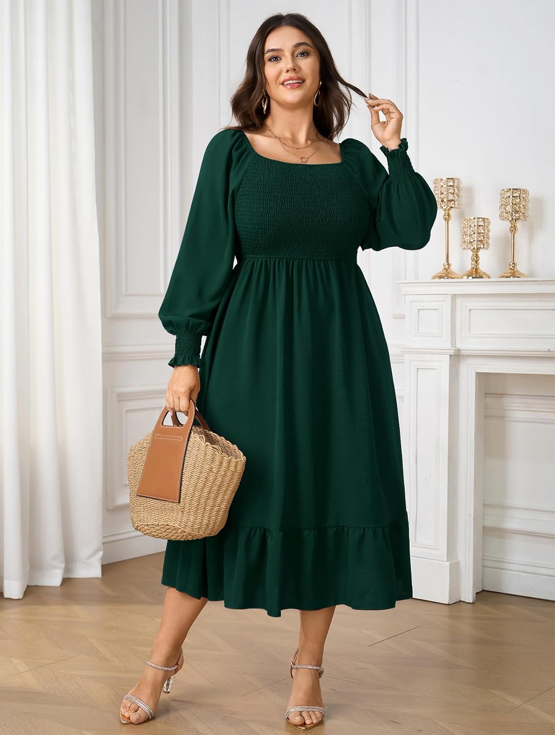 SCOMCHIC Women's Plus Size Maxi Dress Long Sleeve Square Neck Dress Casual Smocked Ruffle Swing Flowy Long Fall Dresses - Image 5