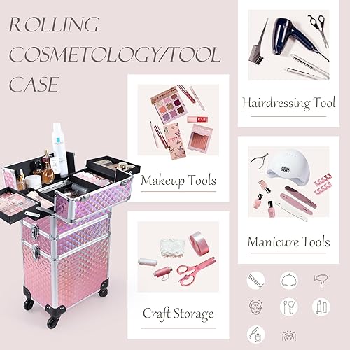 Miniatura 4 de Adazzo Estuche de aluminio 3 en 1 para maquillaje profesional con ruedas de rotación de 360 para maquillador, organizador de maleta cosmética con