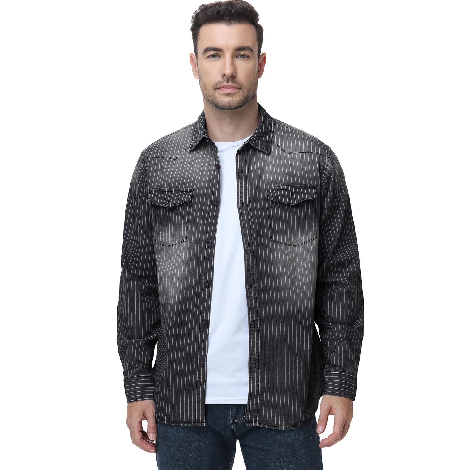HOTIAN - Camisa vaquera de manga larga para hombre, camisa de ocio, camisa de negocios, corte entallado