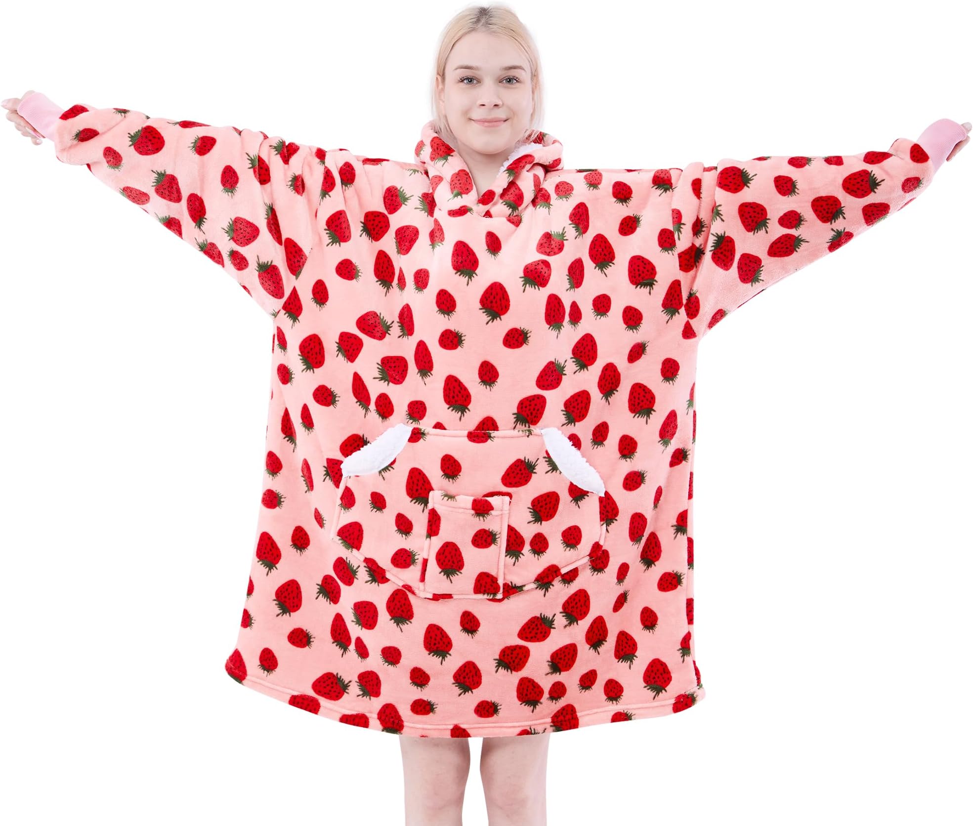 NORD ECO Wearable Blanket Hoodie for Adult Women, Oversized Sherpa Fleece Hooded Sweatshirt, Cozy Blanket Hoodie with Sleeves for Winter Gift (Pink Strawberry)